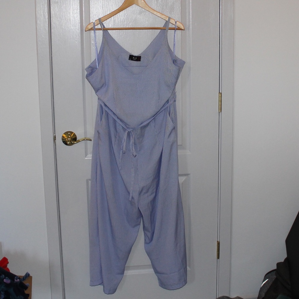 BLUE AND WHITE PIN STRIPE JUMPSUIT WITH POCKETS